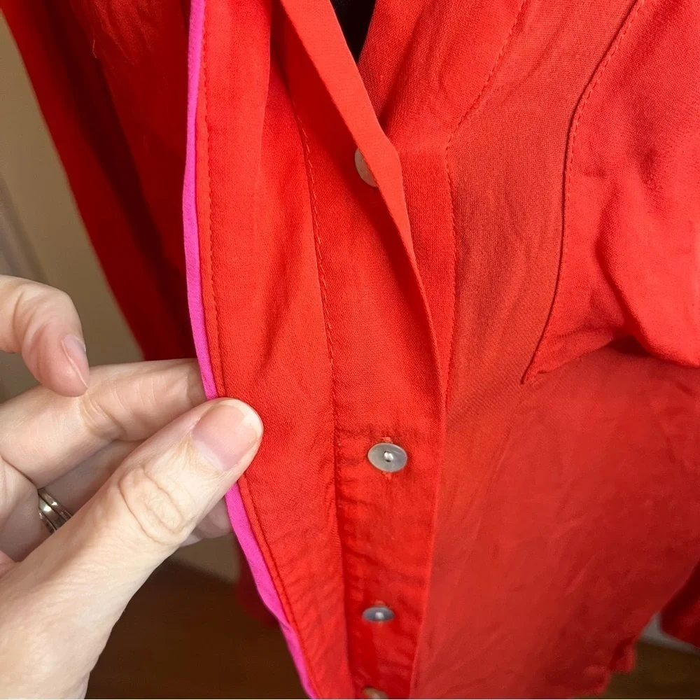 {tl} the letter L 100% Silk Long Sleeve Blouse Red Pink Button Front Pockets